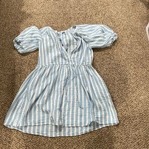 (XS) Blue and White Striped puff sleeve Dress